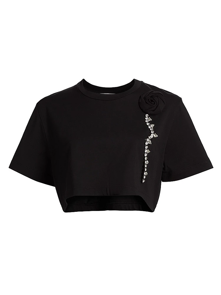 Crystal Rosette Stretch-Cotton Crop T-Shirt