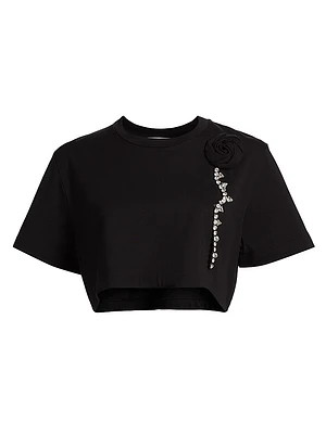Crystal Rosette Stretch-Cotton Crop T-Shirt