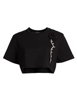 Crystal Rosette Stretch-Cotton Crop T-Shirt