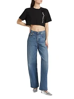 Crystal Rosette Stretch-Cotton Crop T-Shirt