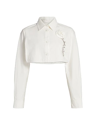 Crystal Rosette Cotton Poplin Crop Shirt