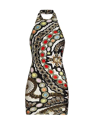 Gemstone-Chain Printed Halterneck Minidress