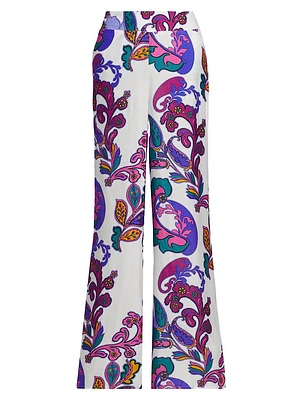 Paisley Smocked Waist Pull-On Flared Pants