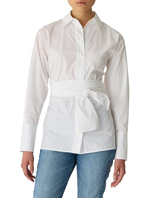 Cotton Poplin Wrap-Belt Blouse