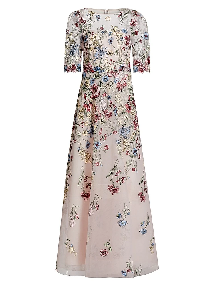 Floral-Embroidered Tulle A-Line Gown