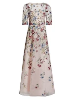 Floral-Embroidered Tulle A-Line Gown