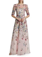 Floral-Embroidered Tulle A-Line Gown