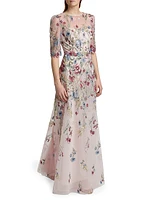 Floral-Embroidered Tulle A-Line Gown