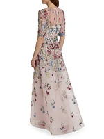 Floral-Embroidered Tulle A-Line Gown