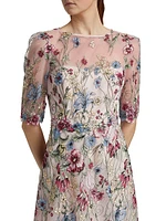 Floral-Embroidered Tulle A-Line Gown
