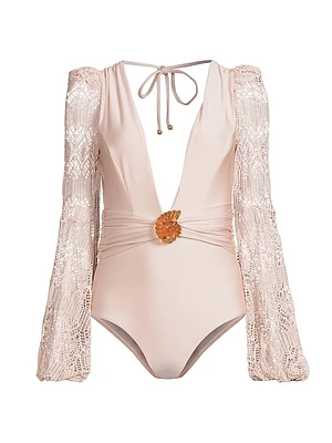 Seashell Plunging V-Neck Swimsuit