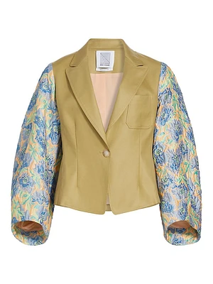 Floral Twill Cloqué Tulip-Sleeve Blazer