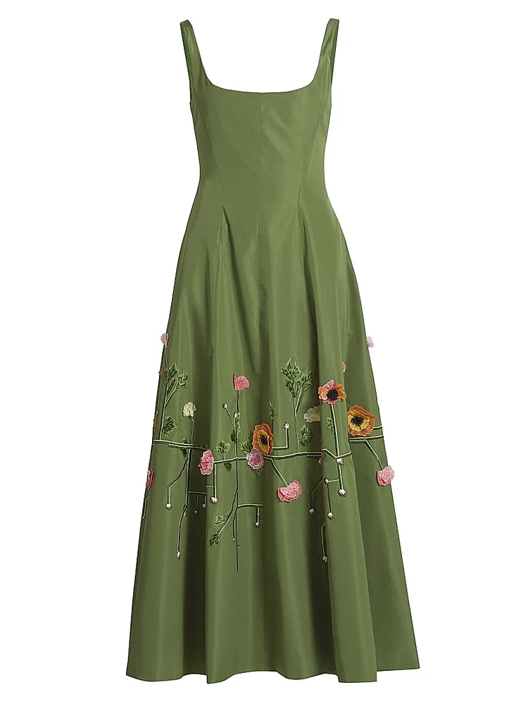 Floral Embroidered Taffeta Midi-Dress