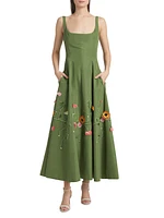 Floral Embroidered Taffeta Midi-Dress