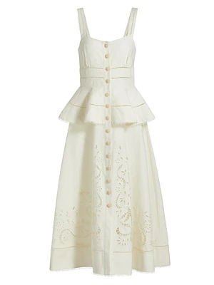 Lace Linen-Cotton Peplum Midi-Dress