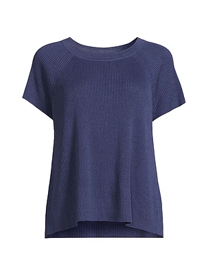 Jewelneck Linen-Cotton Short-Sleeve Sweater