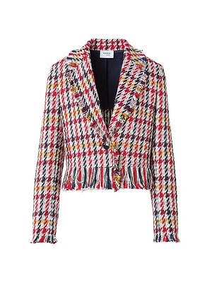 Houndstooth Tweed Fringe-Trim Blazer