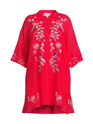 Plus Tiered Floral-Embroidered Flounce Shirtdress