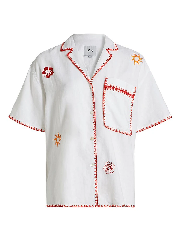 Island Floral Embroidered Linen-Blend Button-Front Shirt