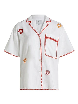Island Floral Embroidered Linen-Blend Button-Front Shirt