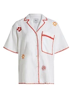 Island Floral Embroidered Linen-Blend Button-Front Shirt