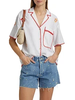Island Floral Embroidered Linen-Blend Button-Front Shirt