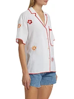 Island Floral Embroidered Linen-Blend Button-Front Shirt
