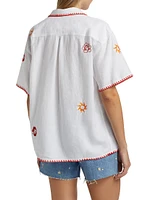 Island Floral Embroidered Linen-Blend Button-Front Shirt