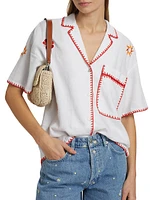 Island Floral Embroidered Linen-Blend Button-Front Shirt