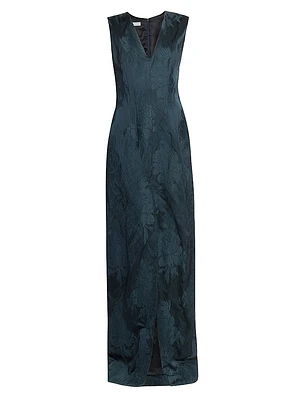 Delina Floral Cotton Jacquard V-Neck Sleeveless Maxi Dress