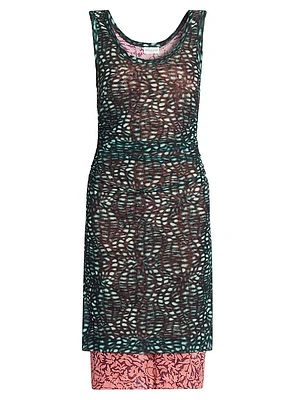 Abstract Semi-Sheer Stretch Knit Knee-Length Dress