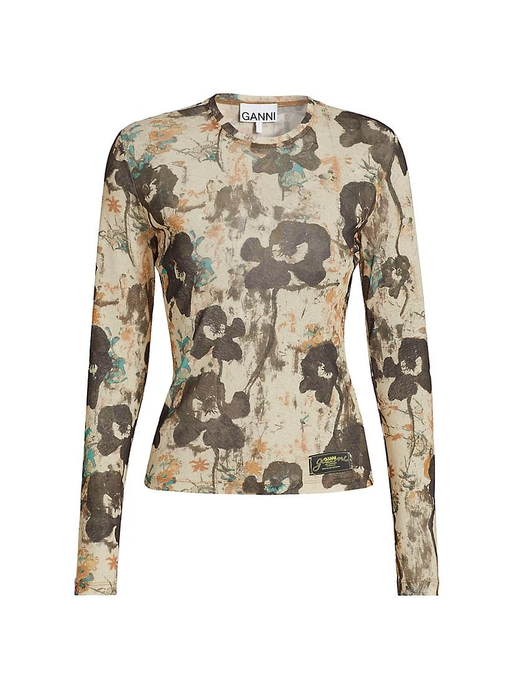 Printed Marl Mesh Long-Sleeve Top
