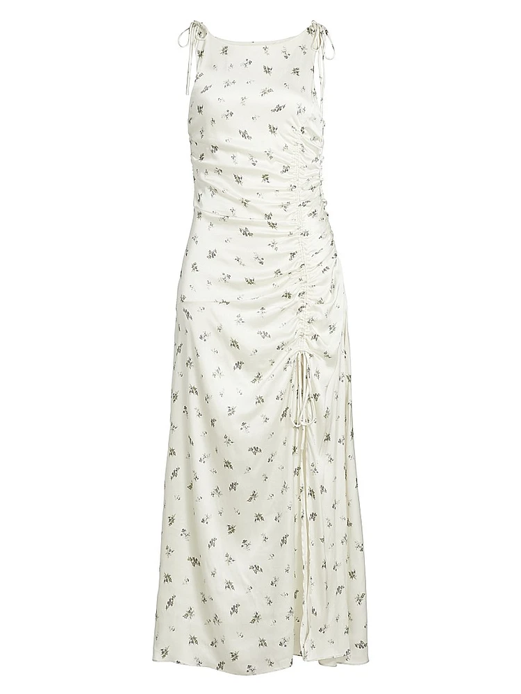 Floral Satin Gathered Midi-Dress