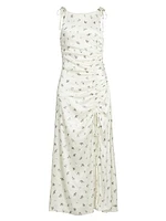 Floral Satin Gathered Midi-Dress
