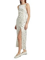 Floral Satin Gathered Midi-Dress