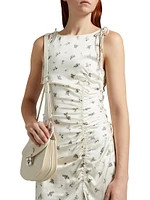 Floral Satin Gathered Midi-Dress