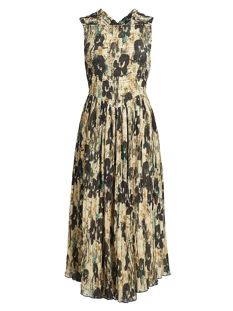 Floral Smocked Pleat Midi-Dress