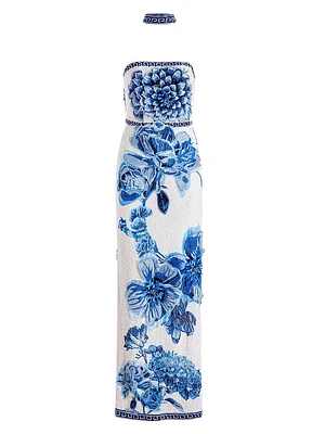 Georgie Stretch Floral High-Slit Gown