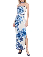 Georgie Stretch Floral High-Slit Gown