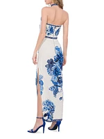 Georgie Stretch Floral High-Slit Gown