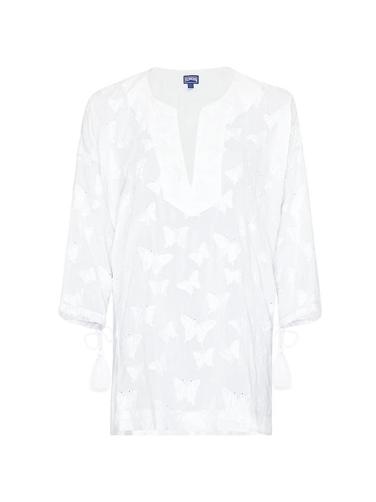 Butterfly-Embroidered Swim Cover-Up Minidress