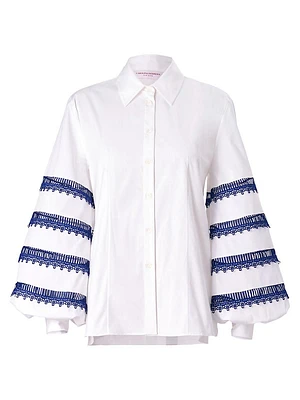 Cabana Embroidered Striped Puff-Sleeve Blouse