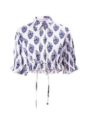 Cabana Floral Stretch-Cotton Button-Front Crop Top
