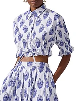 Cabana Floral Stretch-Cotton Button-Front Crop Top