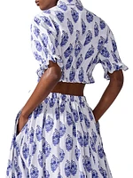 Cabana Floral Stretch-Cotton Button-Front Crop Top