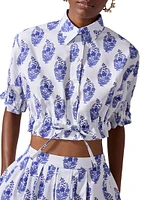 Cabana Floral Stretch-Cotton Button-Front Crop Top
