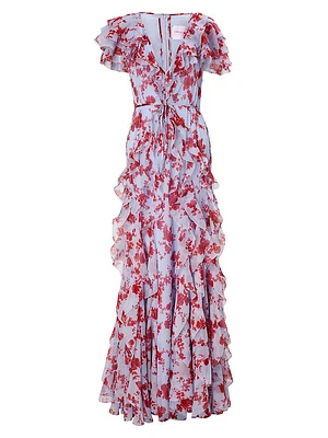 Cabana Floral Silk Ruffled V-Neck Gown