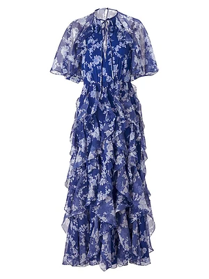 Cabana Floral Silk Ruffled Cape Midi-Dress