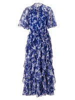 Cabana Floral Silk Ruffled Cape Midi-Dress