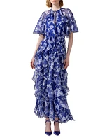 Cabana Floral Silk Ruffled Cape Midi-Dress